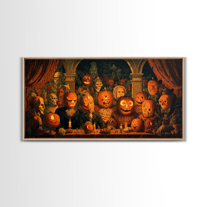 Pumpkins And Moon Phases, Grotesque Carnival Art, Wide Panoramic Art, Dark Fantasy Wall Art, Framed Canvas Print, Halloween Wall Art