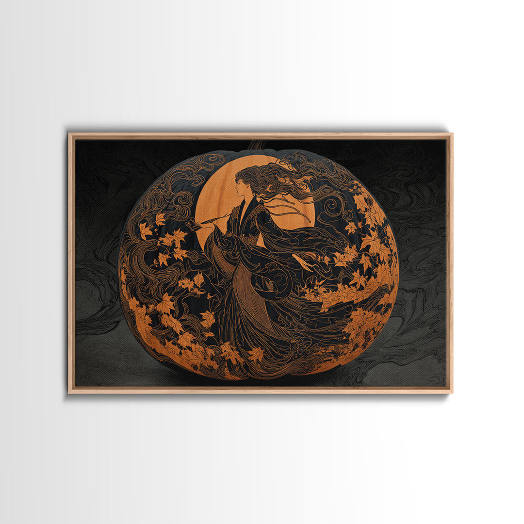 Pumpkins And Moon Phases, Decadent Line Art, Landscape Wall Art, Gothic Horror Wall Art, Canvas Print, Halloween Wall Art