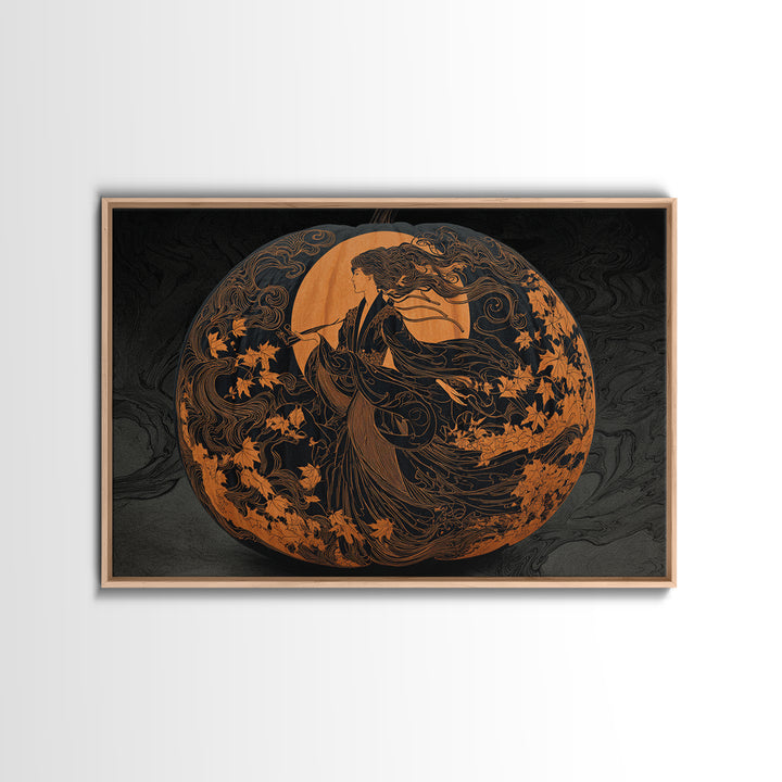 Pumpkins And Moon Phases, Decadent Line Art, Landscape Wall Art, Gothic Horror Wall Art, Canvas Print, Halloween Wall Art