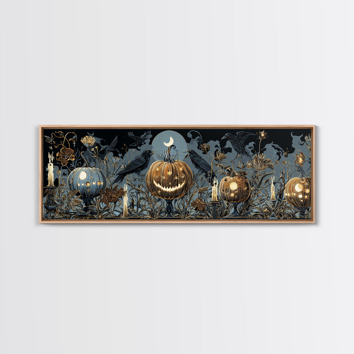 Pumpkins And Moon Phases, Stained Glass Gothic Art, Extra Wide Wall Art, Dark Fantasy Wall Art, Framed Canvas Print, Halloween Wall Art