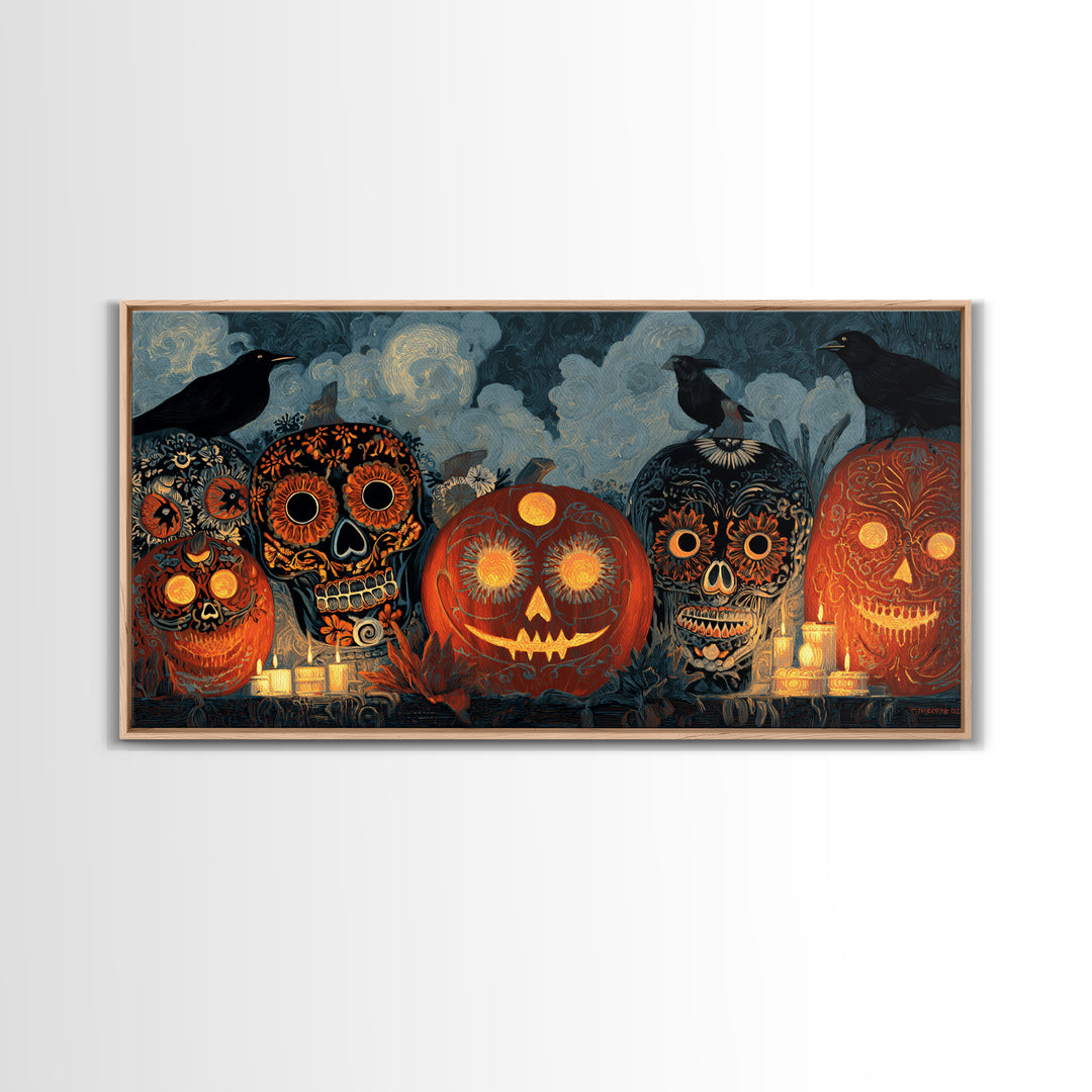 Pumpkins And Moon Phases, Macabre Folk Print Art, Wide Panoramic Art, Dark Fantasy Wall Art, Framed Canvas Print
