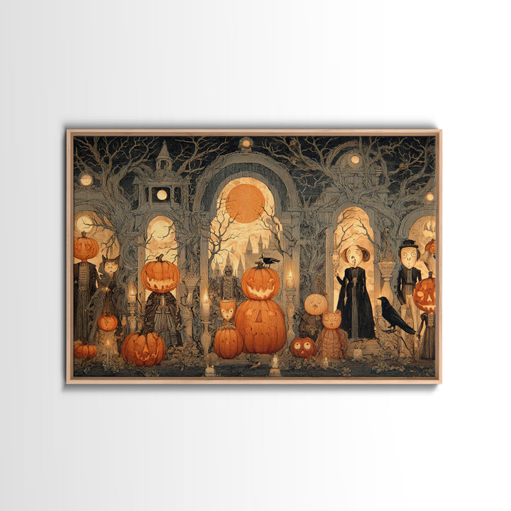 Pumpkins And Moon Phases, Victorian Macabre Art, Landscape Wall Art, Dark Halloween Decor, Framed Canvas Print, Halloween Wall Art