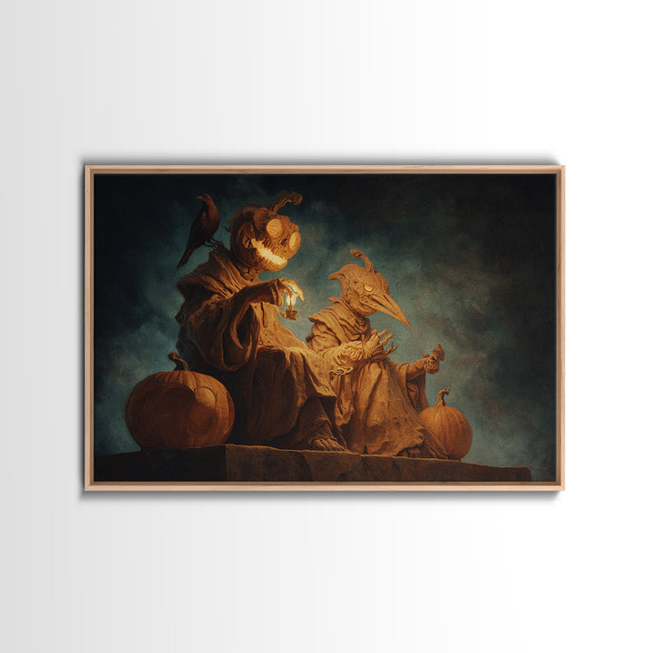 Pumpkins And Moon Phases, Surreal Apocalyptic Art, Landscape Wall Art, Macabre Wall Art, Framed Canvas Print, Halloween Wall Art