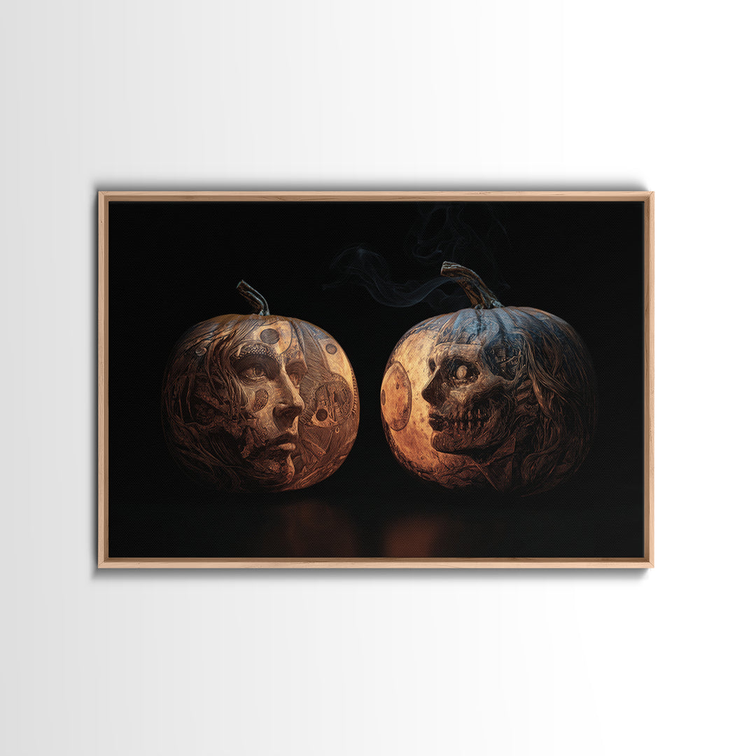 Pumpkins And Moon Phases, Biomechanical Horror Art, Landscape Wall Art, Gothic Horror Wall Art, Framed Canvas Print, Halloween Wall Art