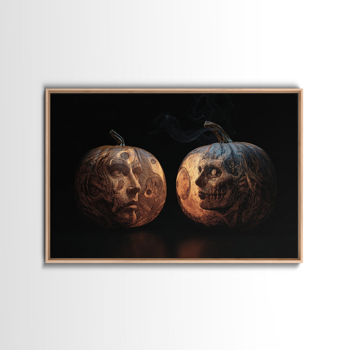 Pumpkins And Moon Phases, Biomechanical Horror Art, Landscape Wall Art, Gothic Horror Wall Art, Framed Canvas Print, Halloween Wall Art