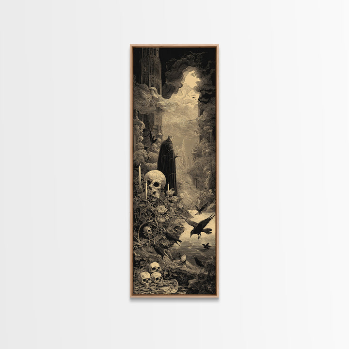 Skeletal Botanicals, Gothic Engraving Art, Tall Narrow Wall Art, Gothic Horror Wall Art, Framed Canvas Print, Halloween Wall Art