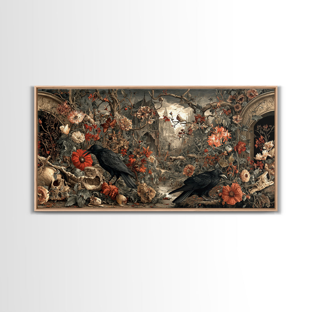 Skeletal Botanicals, Northern Renaissance Horror, Wide Panoramic Art, Dark Fantasy Wall Art, Framed Canvas Print, Macabre Wall Art