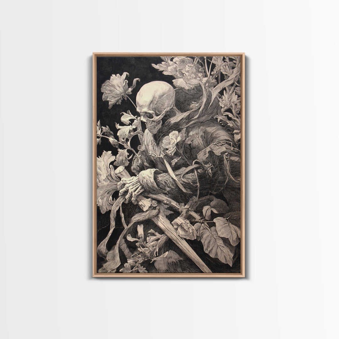 Skeletal Botanicals, Renaissance Engraving Art, Vertical Wall Art, Gothic Horror Wall Art, Canvas Print, Halloween Wall Art
