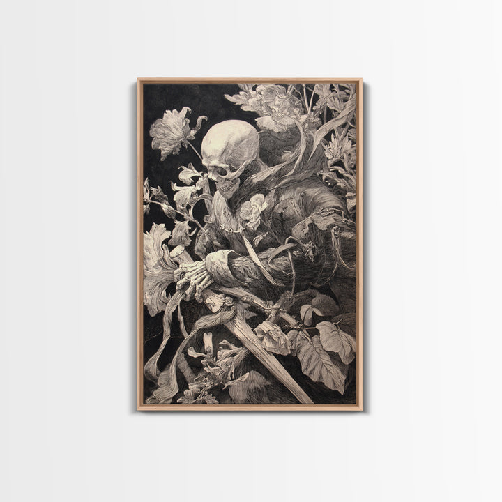 Skeletal Botanicals, Renaissance Engraving Art, Vertical Wall Art, Gothic Horror Wall Art, Canvas Print, Halloween Wall Art