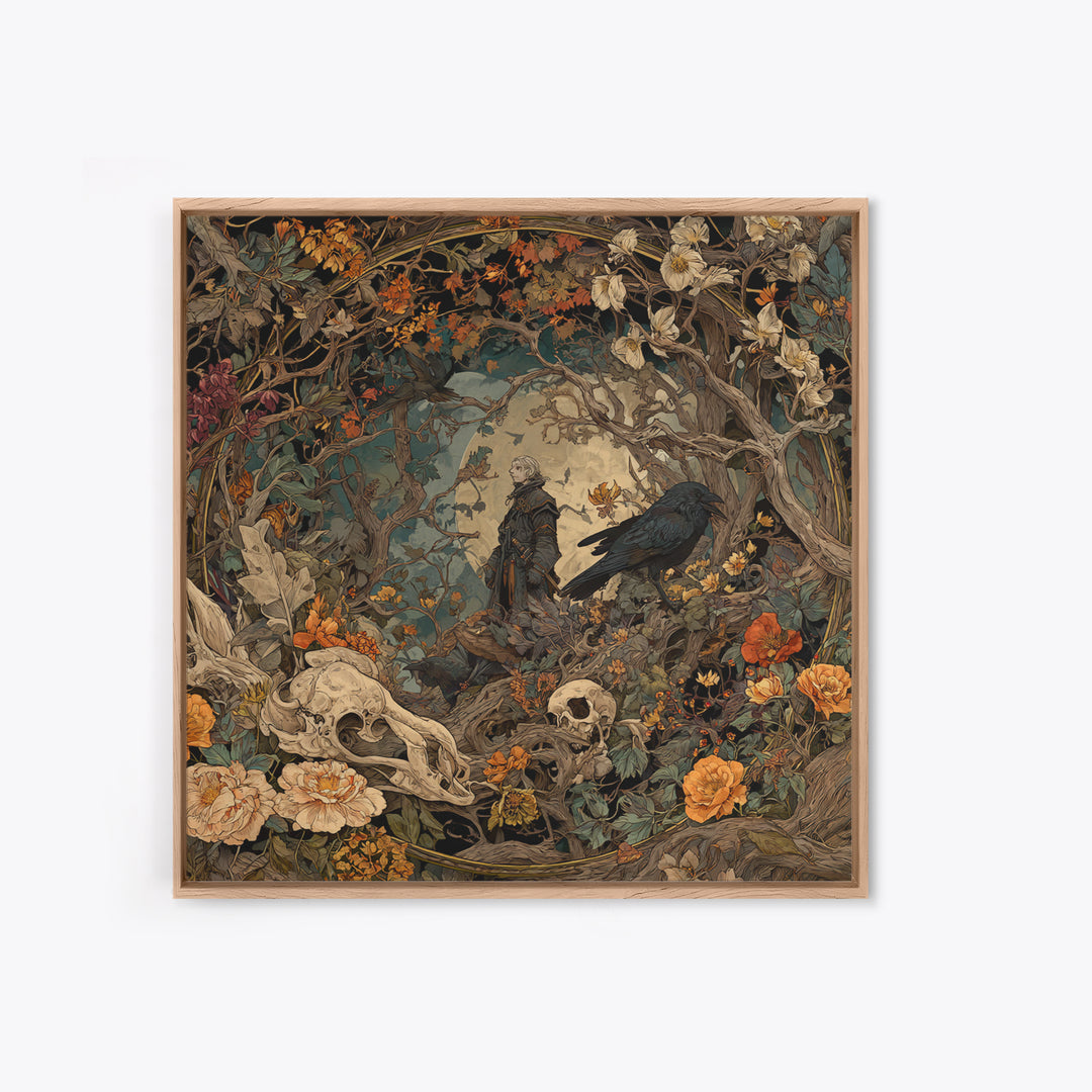 Skeletal Botanicals, Gothic Storybook Art, Square Wall Art, Macabre Wall Art, Framed Canvas Print, Halloween Wall Art