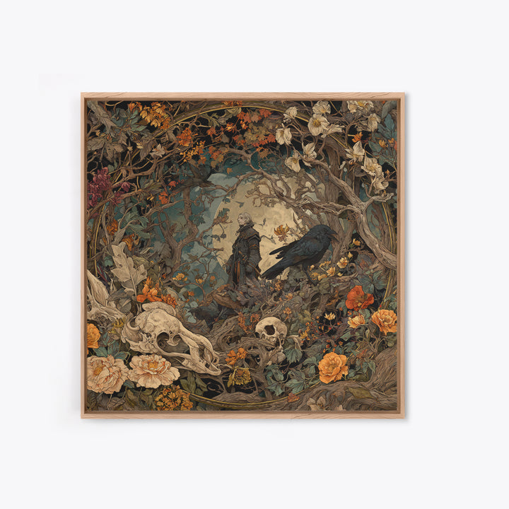 Skeletal Botanicals, Gothic Storybook Art, Square Wall Art, Macabre Wall Art, Framed Canvas Print, Halloween Wall Art