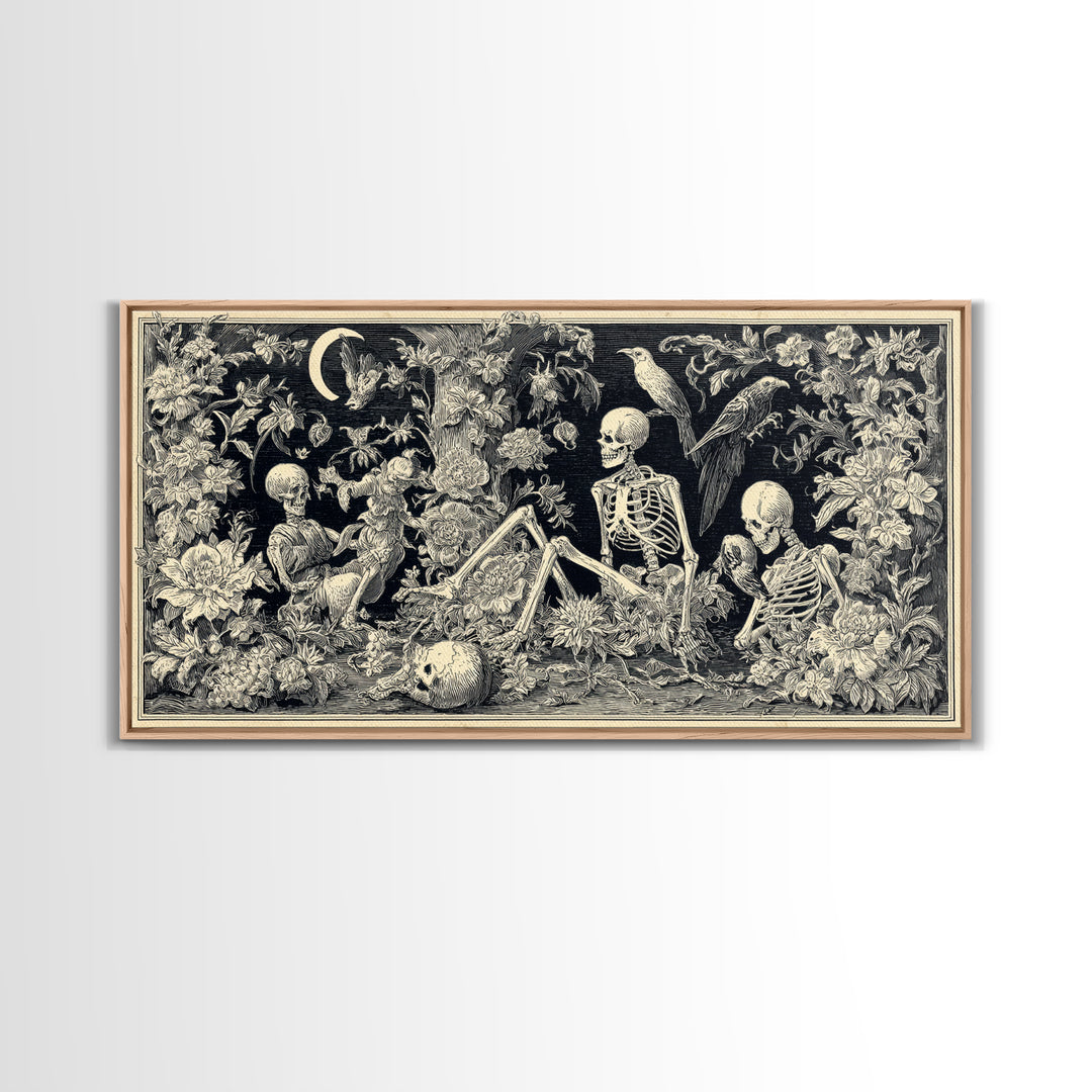Skeletal Botanicals, Macabre Folk Print Art, Wide Panoramic Art, Gothic Horror Wall Art, Framed Canvas Print, Halloween Wall Art