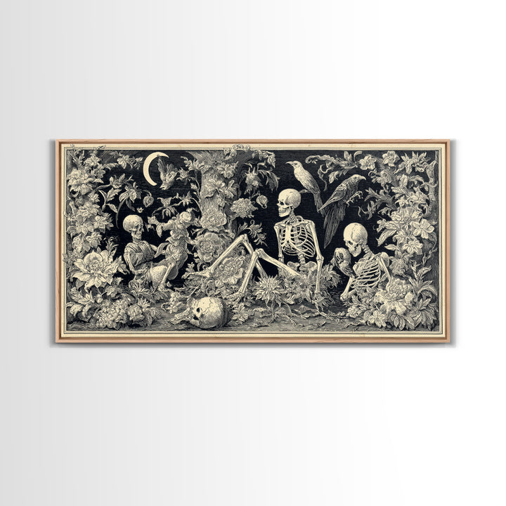 Skeletal Botanicals, Macabre Folk Print Art, Wide Panoramic Art, Gothic Horror Wall Art, Framed Canvas Print, Halloween Wall Art