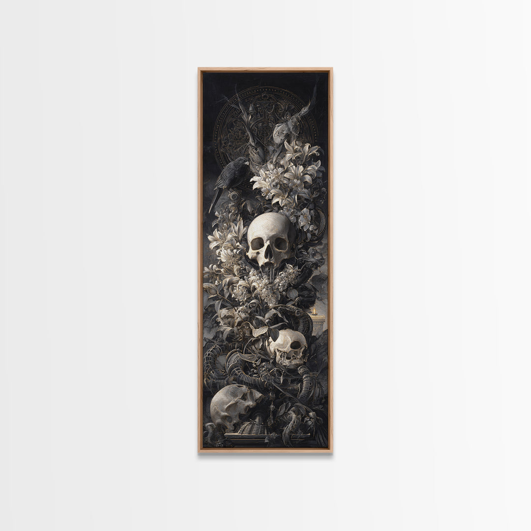 Skeletal Botanicals, Biomechanical Horror Art, Tall Narrow Wall Art, Macabre Wall Art, Framed Canvas Print, Halloween Wall Art