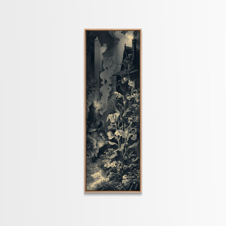 The Poison Garden, Gothic Engraving Art, Tall Narrow Wall Art, Dark Halloween Decor, Canvas Print, Halloween Wall Art