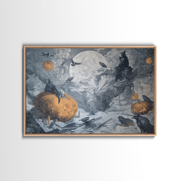 Frozen Halloween, Architectural Etching Art, Landscape Wall Art, Dark Halloween Decor, Framed Canvas Print, Halloween Wall Art