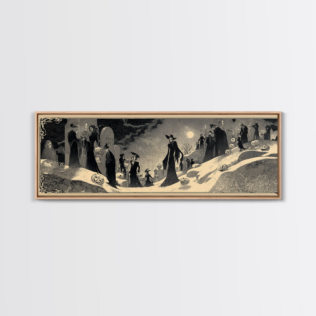 Frozen Halloween, Decadent Line Art, Extra Wide Wall Art, Gothic Horror Wall Art, Framed Canvas Print, Halloween Wall Art