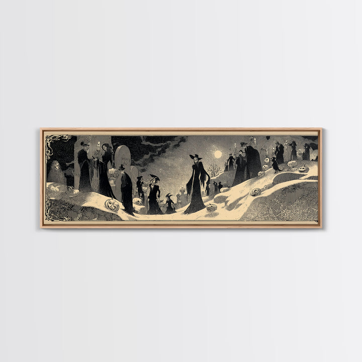 Frozen Halloween, Decadent Line Art, Extra Wide Wall Art, Gothic Horror Wall Art, Framed Canvas Print, Halloween Wall Art