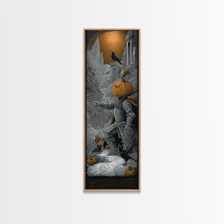 The Pumpkin Paladin, Gothic Engraving Art, Tall Narrow Wall Art, Dark Halloween Decor, Canvas Print, Halloween Wall Art