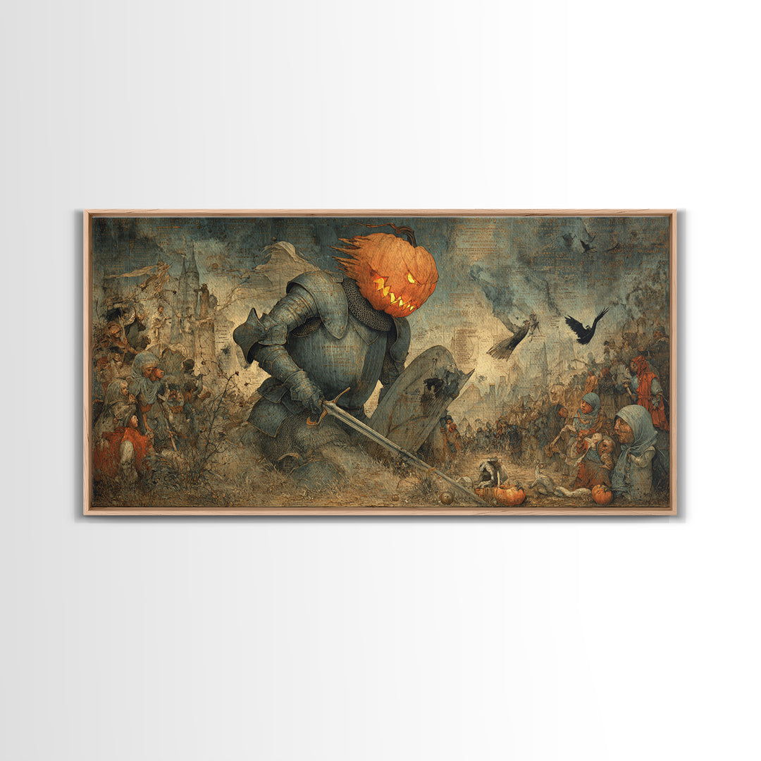 The Pumpkin Paladin, Northern Renaissance Horror, Wide Panoramic Art, Macabre Wall Art, Framed Canvas Print, Halloween Wall Art
