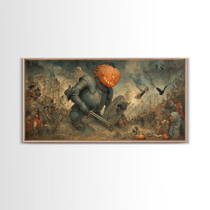 The Pumpkin Paladin, Northern Renaissance Horror, Wide Panoramic Art, Macabre Wall Art, Framed Canvas Print, Halloween Wall Art