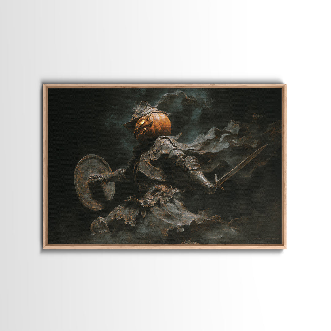 The Pumpkin Paladin, Dark Romantic Horror Art, Landscape Wall Art, Dark Fantasy Wall Art, Framed Canvas Print, Halloween Wall Art