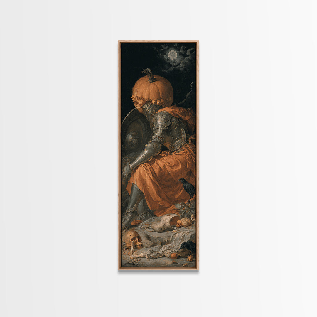 The Pumpkin Paladin, Gothic Nightmare Art, Tall Narrow Wall Art, Macabre Wall Art, Framed Canvas Print, Halloween Wall Art
