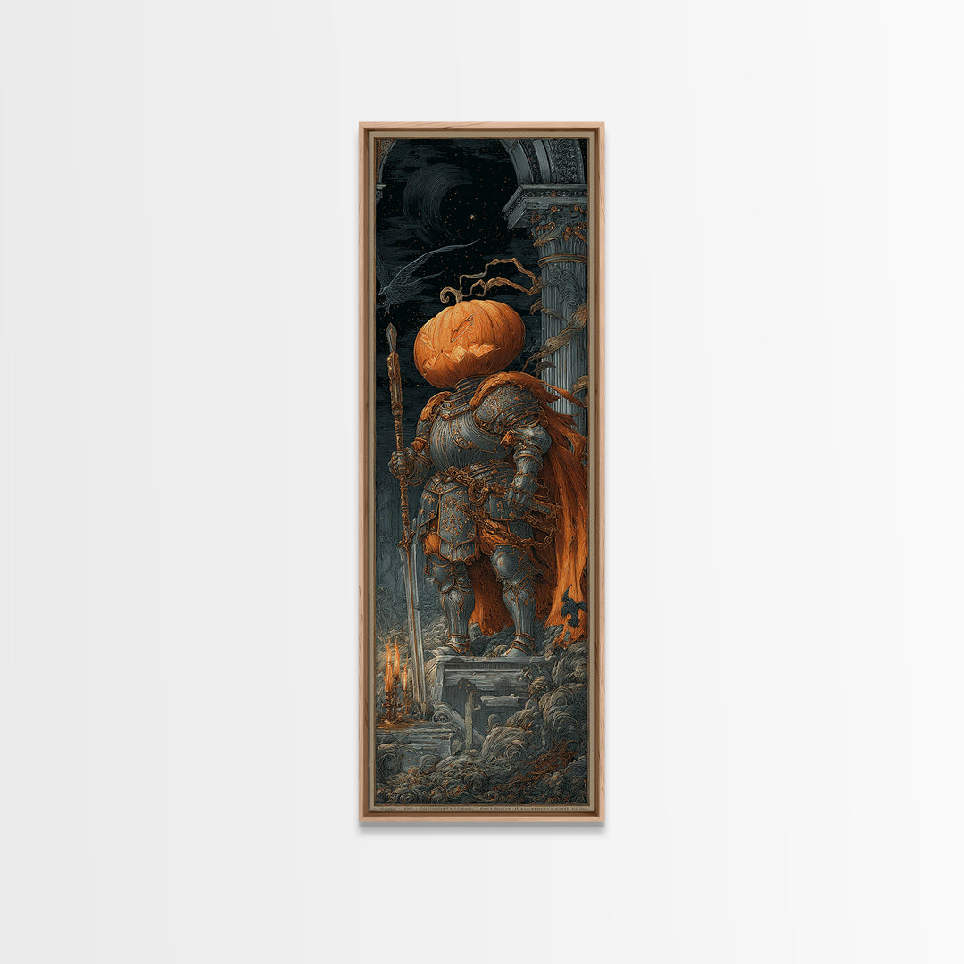 The Pumpkin Paladin, Architectural Etching Art, Tall Narrow Wall Art, Macabre Wall Art, Framed Canvas Print, Halloween Decor