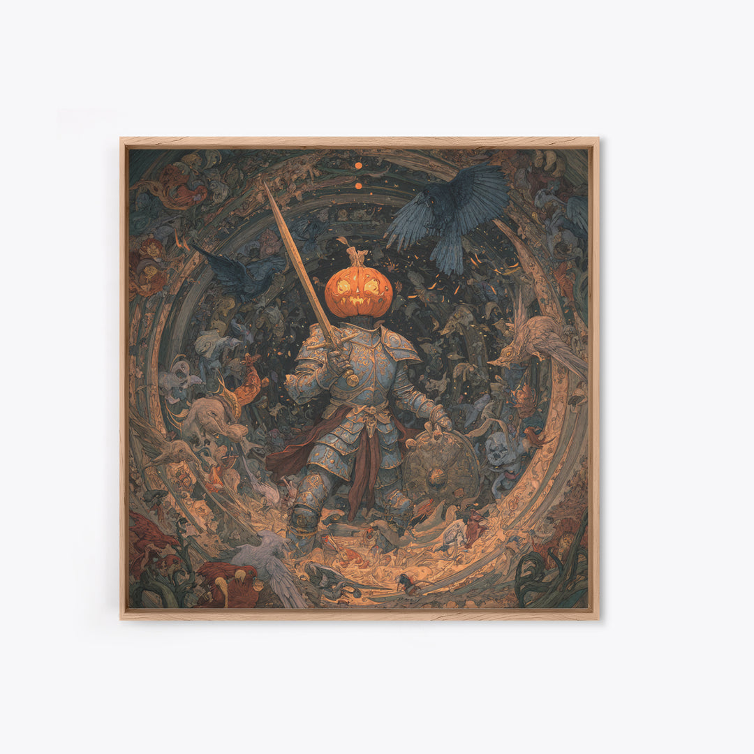 The Pumpkin Paladin, Ornate Symbolist Art, Square Wall Art, Dark Fantasy Wall Art, Canvas Print, Halloween Wall Art, Horror Wall Art