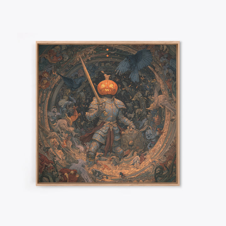 The Pumpkin Paladin, Ornate Symbolist Art, Square Wall Art, Dark Fantasy Wall Art, Canvas Print, Halloween Wall Art, Horror Wall Art