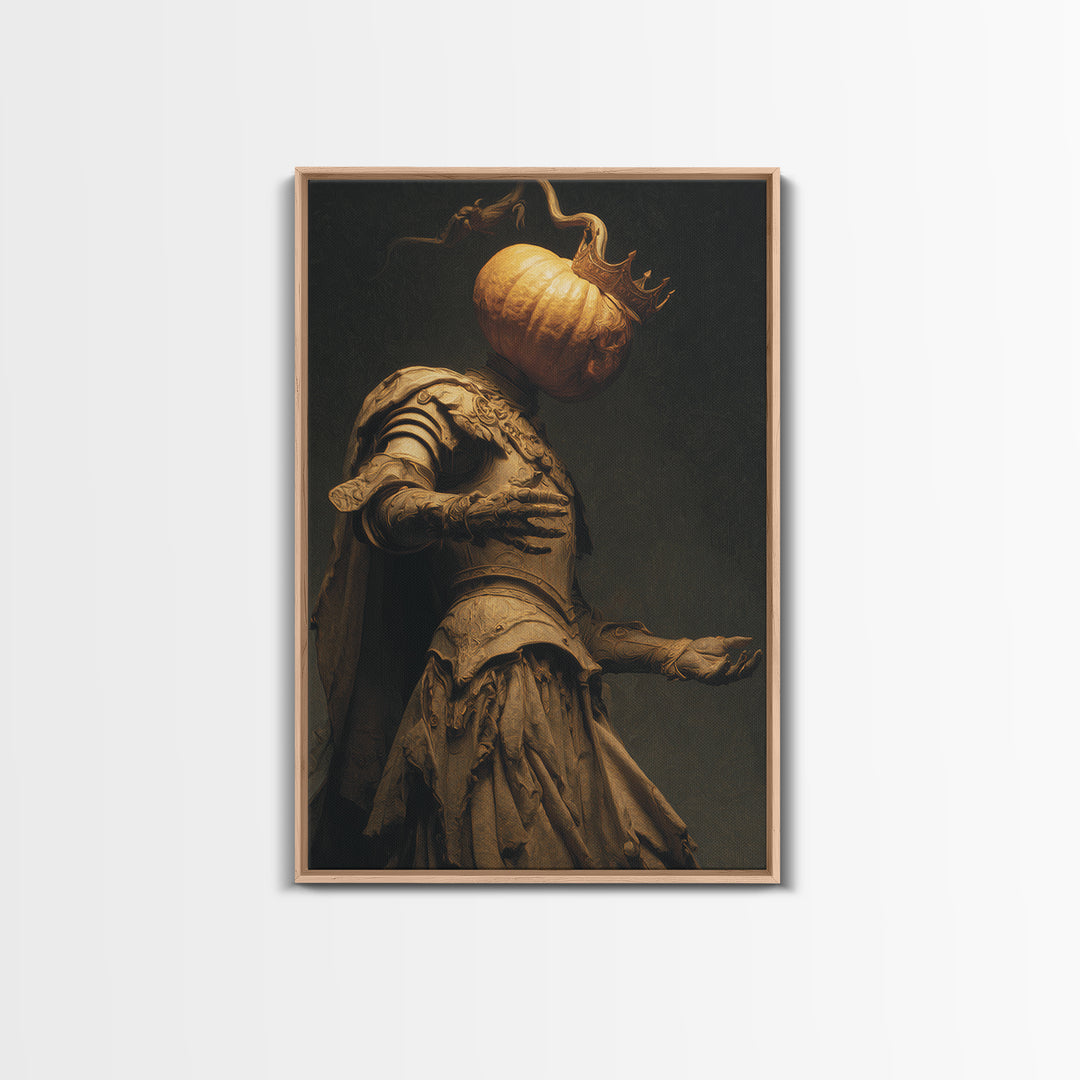 The Pumpkin Paladin, Dark Symbolist Art, Vertical Wall Art, Dark Fantasy Wall Art, Framed Canvas Print, Halloween Wall Art