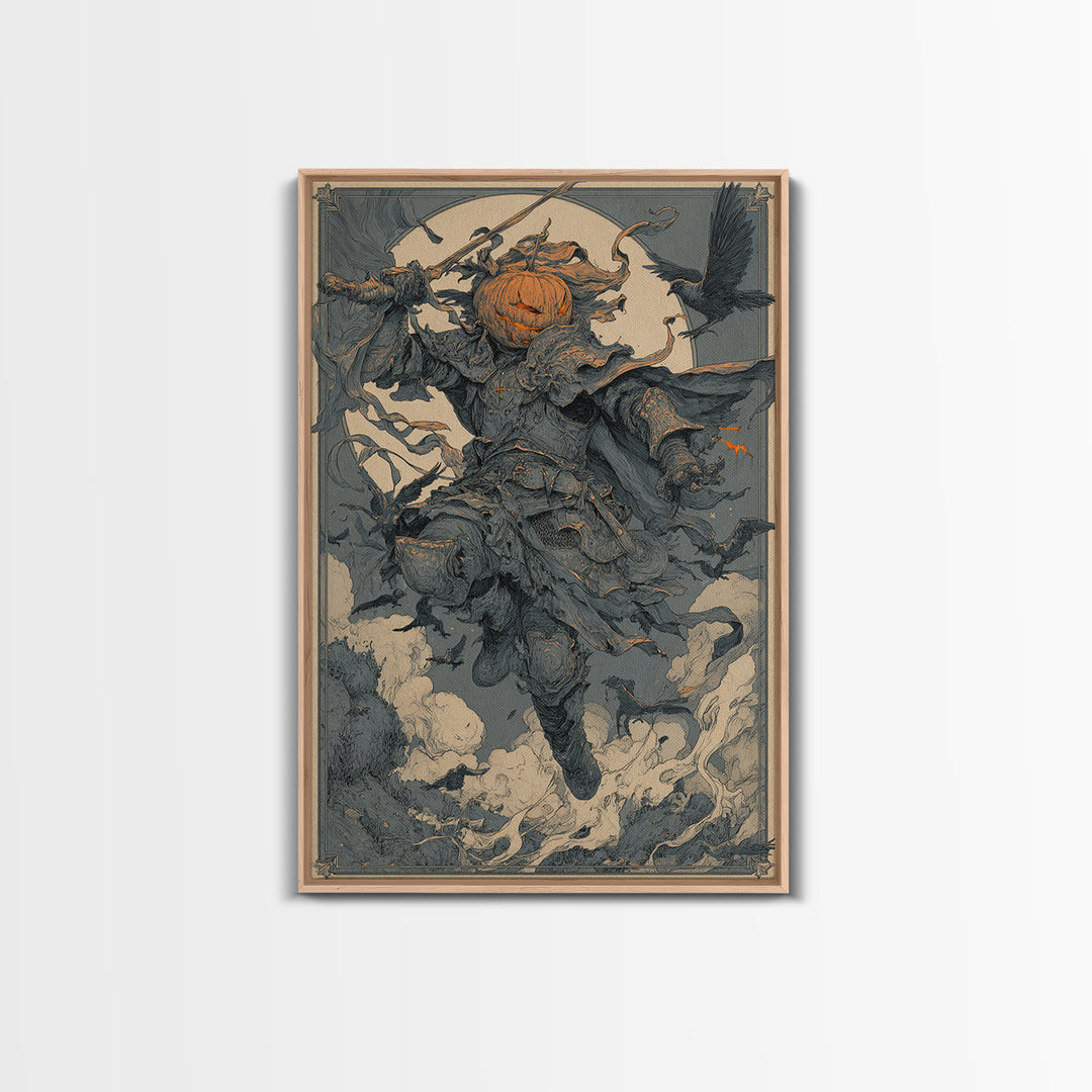The Pumpkin Paladin, Symbolist Etching Art, Vertical Wall Art, Macabre Wall Art, Canvas Print, Halloween Wall Art, Seasonal Home Decor