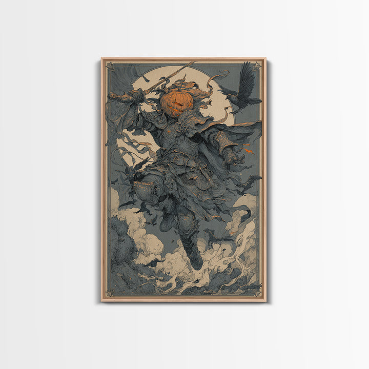 The Pumpkin Paladin, Symbolist Etching Art, Vertical Wall Art, Macabre Wall Art, Canvas Print, Halloween Wall Art, Seasonal Home Decor