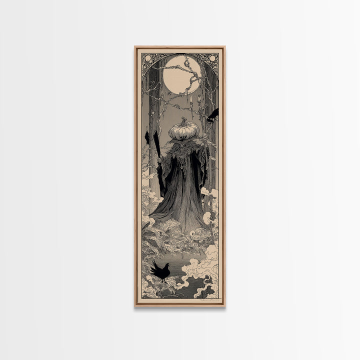The Pumpkin Paladin, Decadent Line Art, Tall Narrow Wall Art, Gothic Horror Wall Art, Framed Canvas Print, Halloween Wall Art