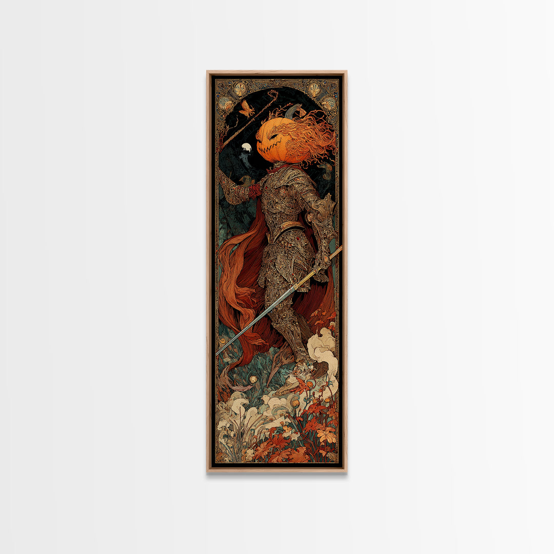 The Pumpkin Paladin, Stained Glass Gothic Art, Tall Narrow Wall Art, Dark Fantasy Wall Art, Canvas Print, Halloween Wall Art