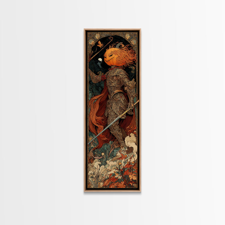 The Pumpkin Paladin, Stained Glass Gothic Art, Tall Narrow Wall Art, Dark Fantasy Wall Art, Canvas Print, Halloween Wall Art