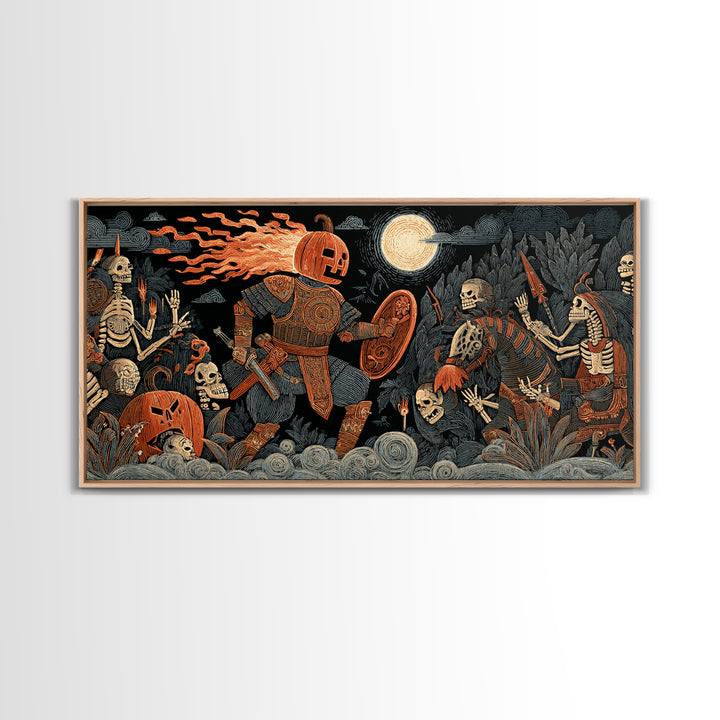 The Pumpkin Paladin, Macabre Folk Print Art, Wide Panoramic Art, Macabre Wall Art, Framed Canvas Print, Halloween Wall Art
