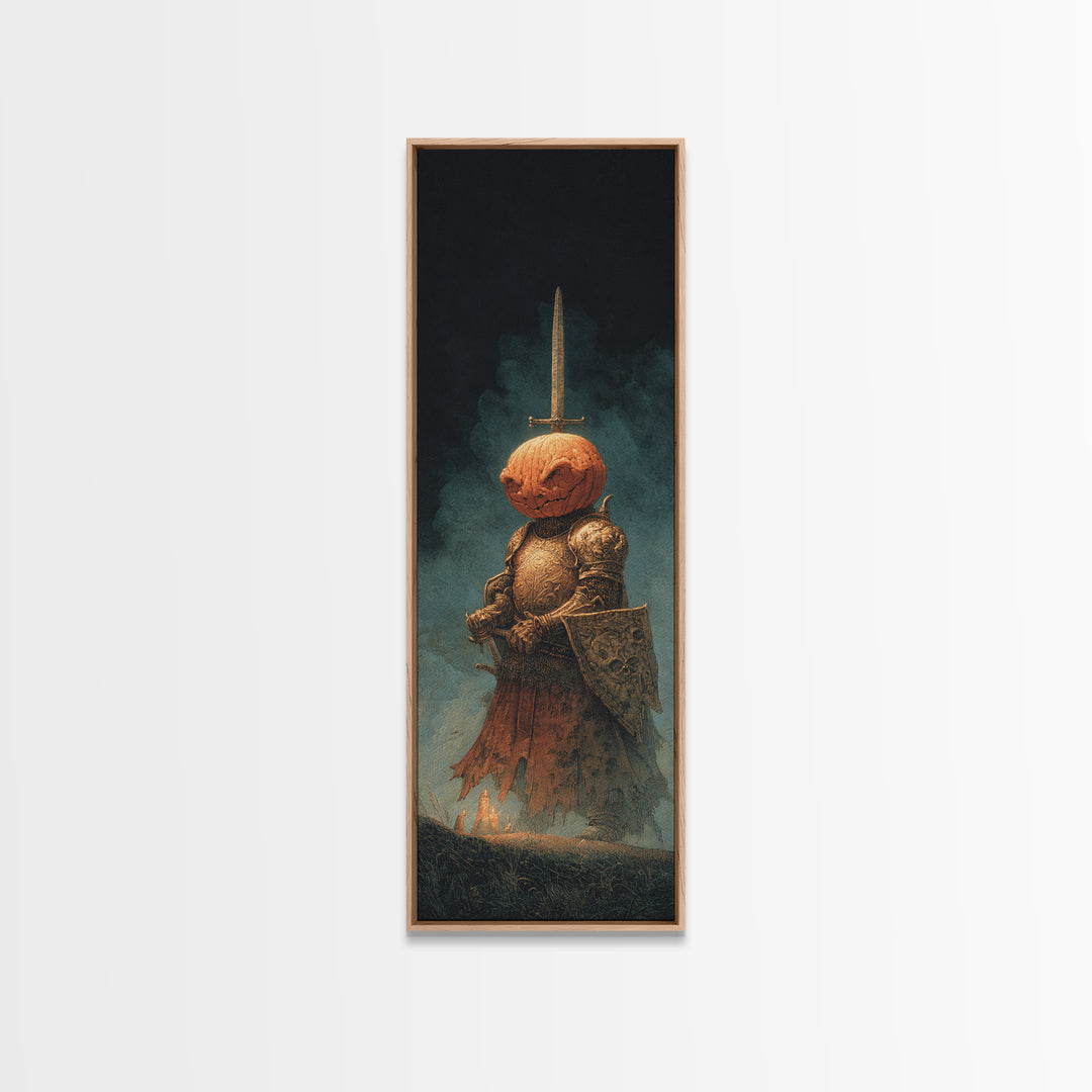 The Pumpkin Paladin, Surreal Apocalyptic Art, Tall Narrow Wall Art, Dark Fantasy Wall Art, Framed Canvas Print, Halloween Wall Art