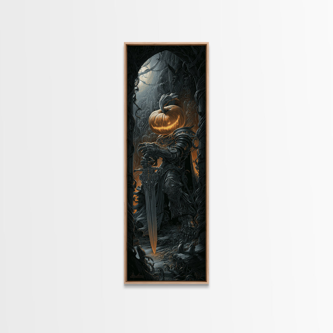 The Pumpkin Paladin, Biomechanical Horror Art, Tall Narrow Wall Art, Dark Fantasy Wall Art, Canvas Print, Halloween Wall Art