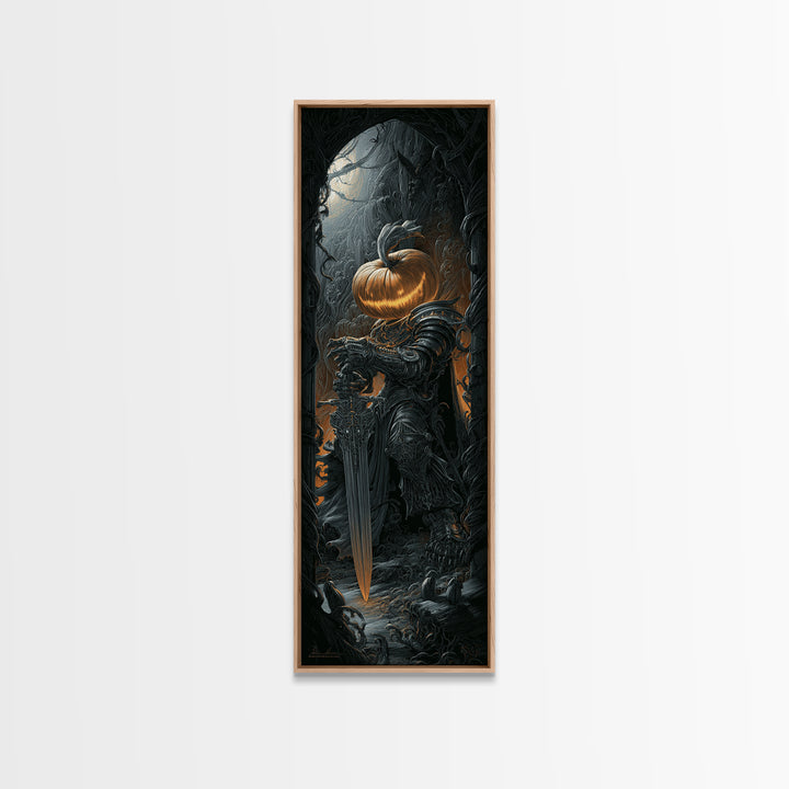 The Pumpkin Paladin, Biomechanical Horror Art, Tall Narrow Wall Art, Dark Fantasy Wall Art, Canvas Print, Halloween Wall Art