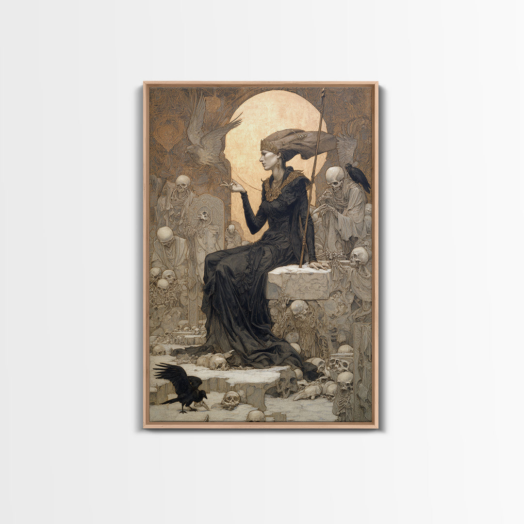 The Necromancer Queen, Symbolist Death Art, Vertical Wall Art, Dark Halloween Decor, Framed Canvas Print, Halloween Wall Art