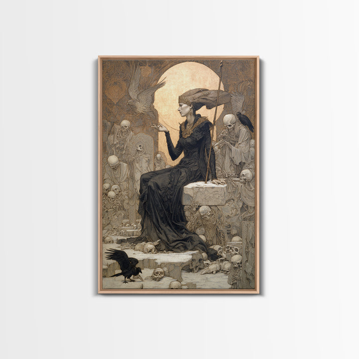 The Necromancer Queen, Symbolist Death Art, Vertical Wall Art, Dark Halloween Decor, Framed Canvas Print, Halloween Wall Art