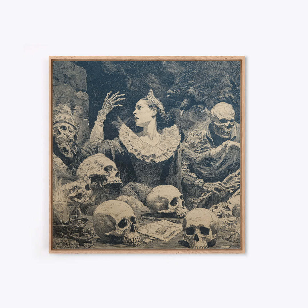The Necromancer Queen, Symbolist Etching Art, Square Wall Art, Dark Halloween Decor, Canvas Print, Halloween Wall Art, Statement Wall Art