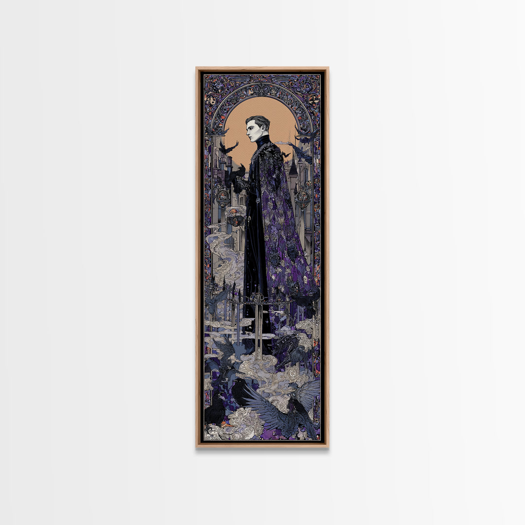 The Bat Prince, Stained Glass Gothic Art, Tall Narrow Wall Art, Macabre Wall Art, Framed Canvas Print, Halloween Wall Art