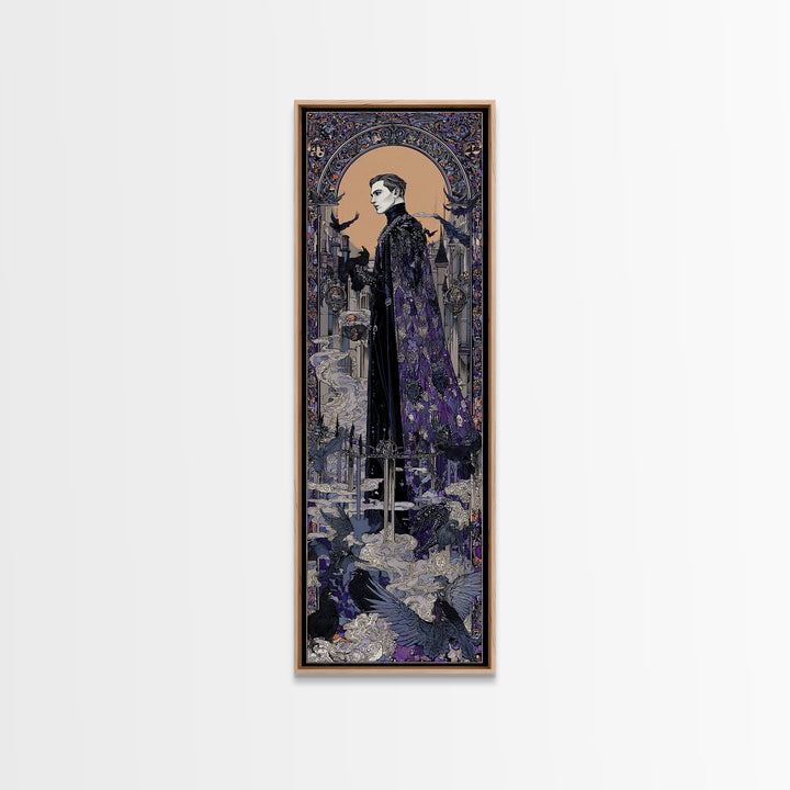 The Bat Prince, Stained Glass Gothic Art, Tall Narrow Wall Art, Macabre Wall Art, Framed Canvas Print, Halloween Wall Art
