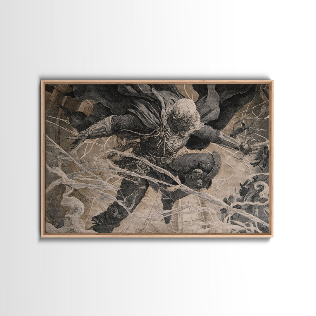 The Spider Knight, Architectural Etching Art, Landscape Wall Art, Macabre Wall Art, Framed Canvas Print, Halloween Wall Art