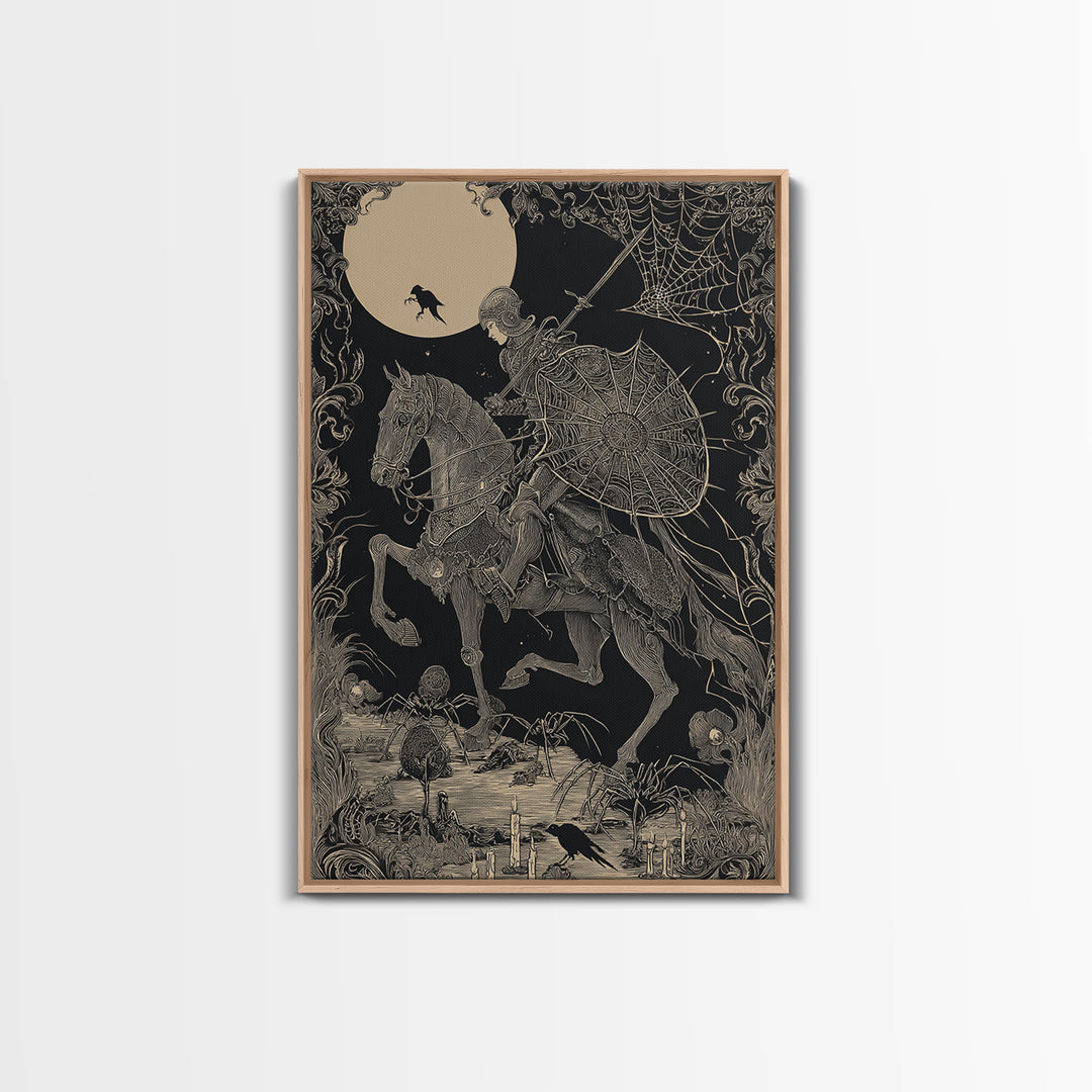 The Spider Knight, Decadent Line Art, Vertical Wall Art, Macabre Wall Art, Framed Canvas Print, Halloween Wall Art