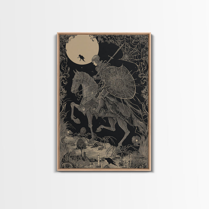 The Spider Knight, Decadent Line Art, Vertical Wall Art, Macabre Wall Art, Framed Canvas Print, Halloween Wall Art