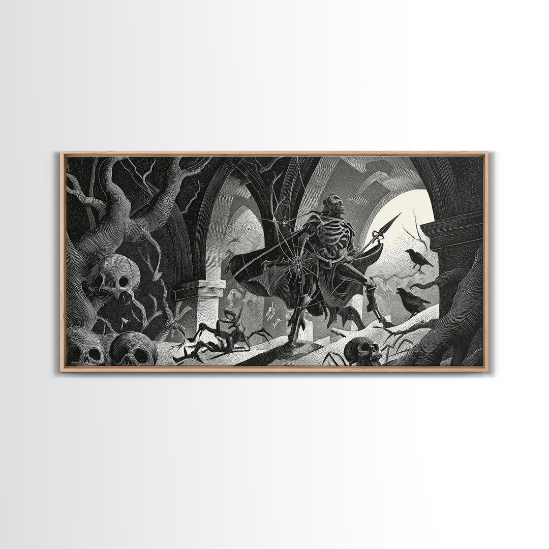 The Spider Knight, Macabre Folk Print Art, Wide Panoramic Art, Gothic Horror Wall Art, Framed Canvas Print, Halloween Wall Art