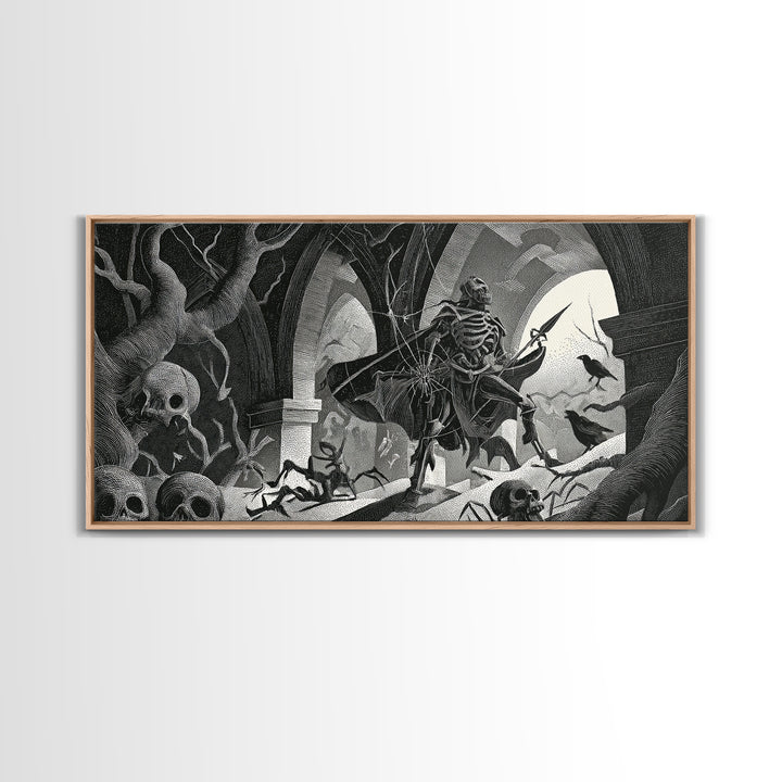 The Spider Knight, Macabre Folk Print Art, Wide Panoramic Art, Gothic Horror Wall Art, Framed Canvas Print, Halloween Wall Art